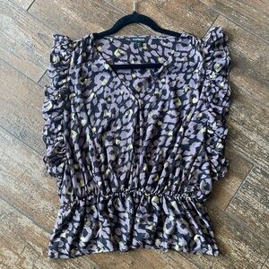 Express Women's Ruffled Sleeve Peplum Leopard Print Top - Black and Purple